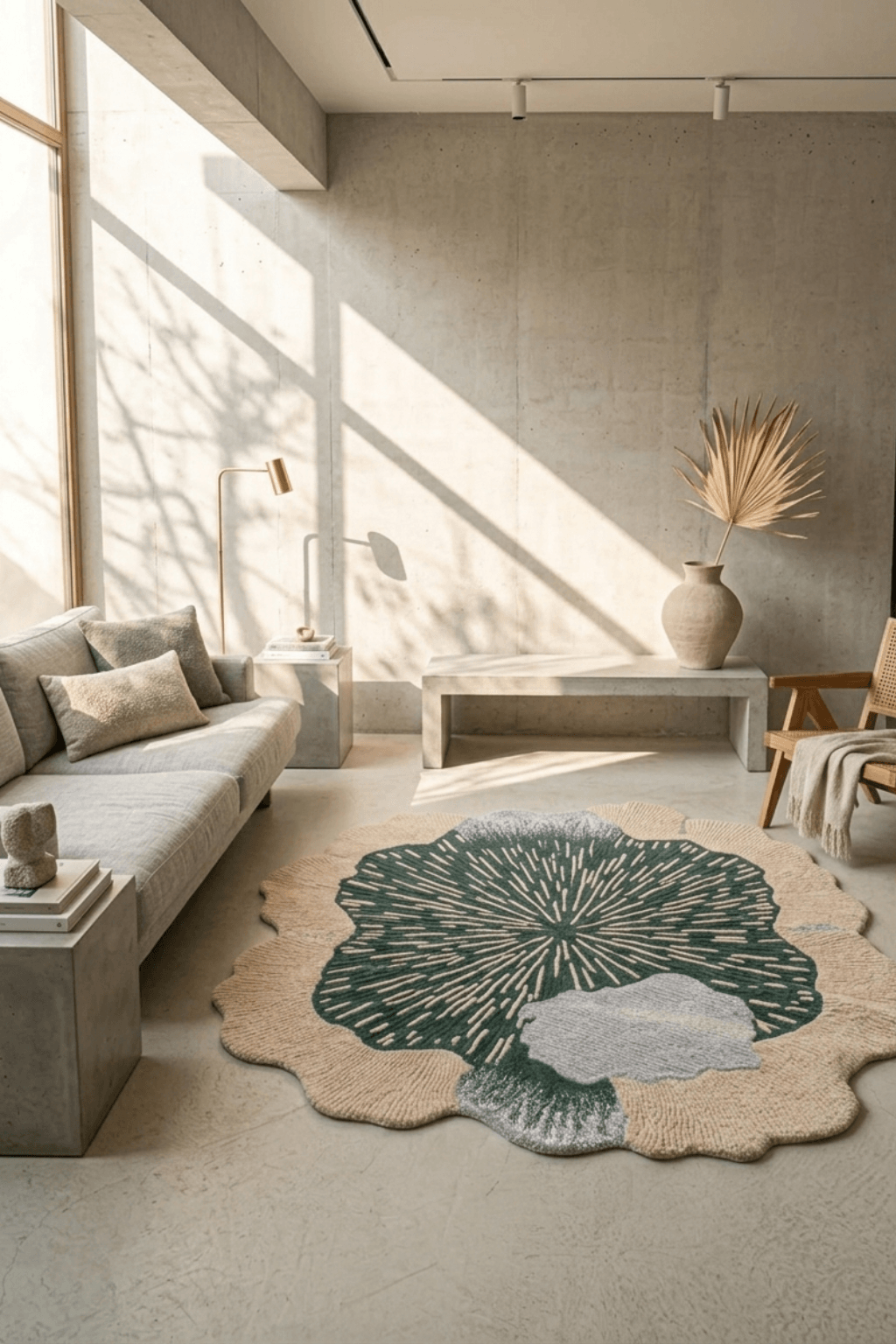 Topographic oasis sculptural rug displayed in a modern living room interior with natural light.