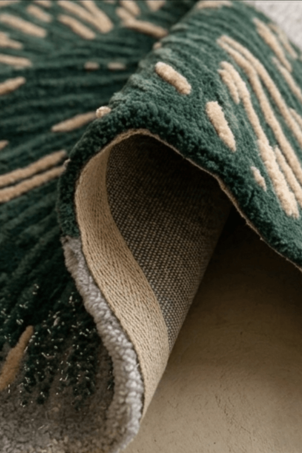 Topographic Oasis Sculptural Rug showcasing its deep forest green center and warm raw-linen beige border.