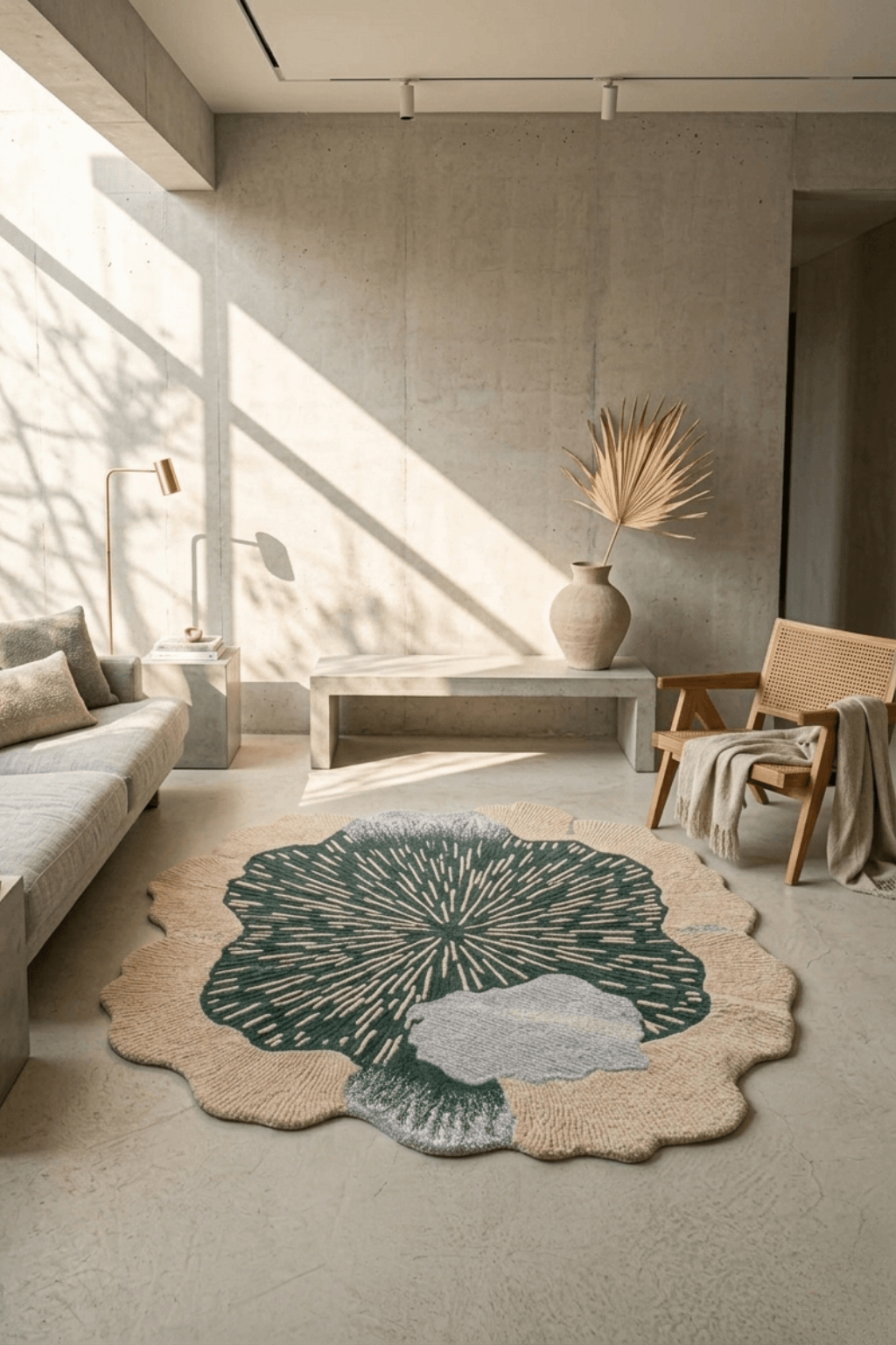topographic sculptural rug artfully displayed in a modern living room setting with natural light.
