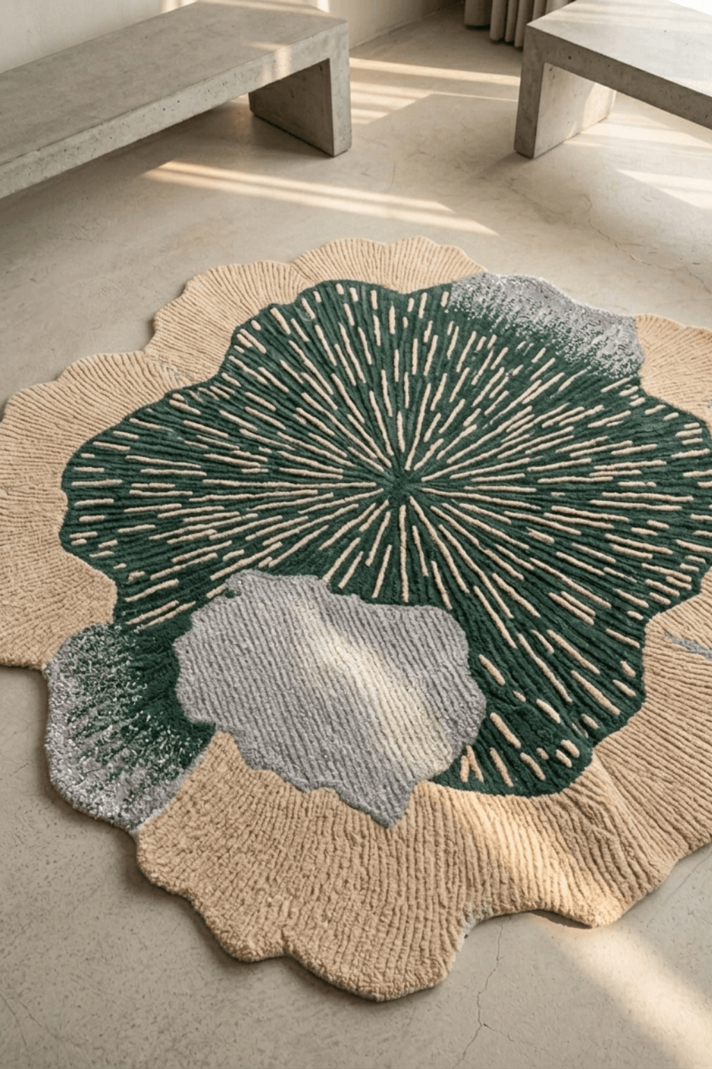 Topographic Oasis Sculptural Rug in green and beige, featuring an artistic design inspired by nature's layers.