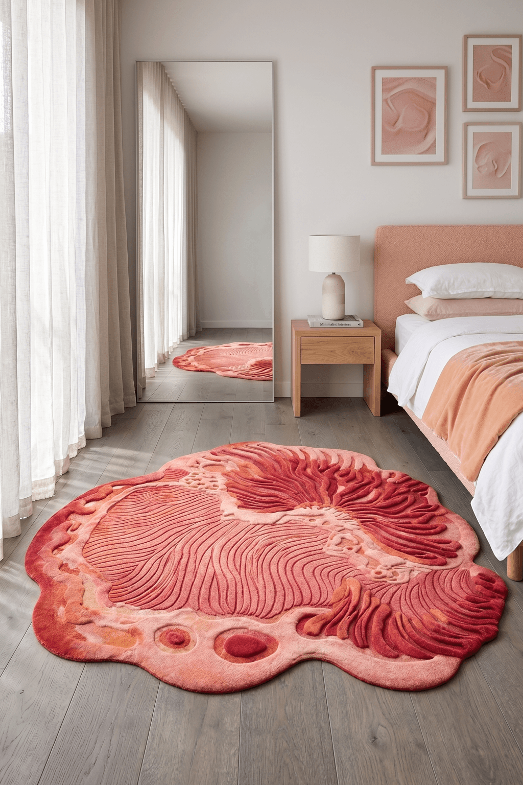 Stunning nature-inspired textured rug, Wesboyeg Bloom, showcased in a modern bedroom with natural light.