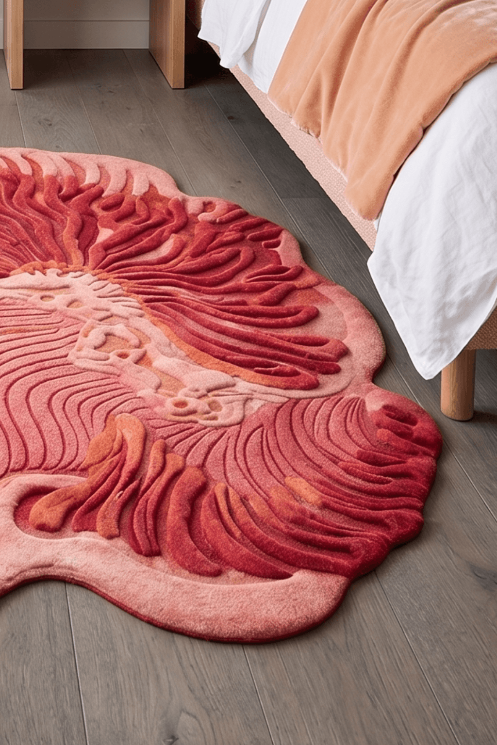 Wesboyeg Bloom nature-inspired textured rug showcasing vibrant shades and intricate designs on a bedroom floor.