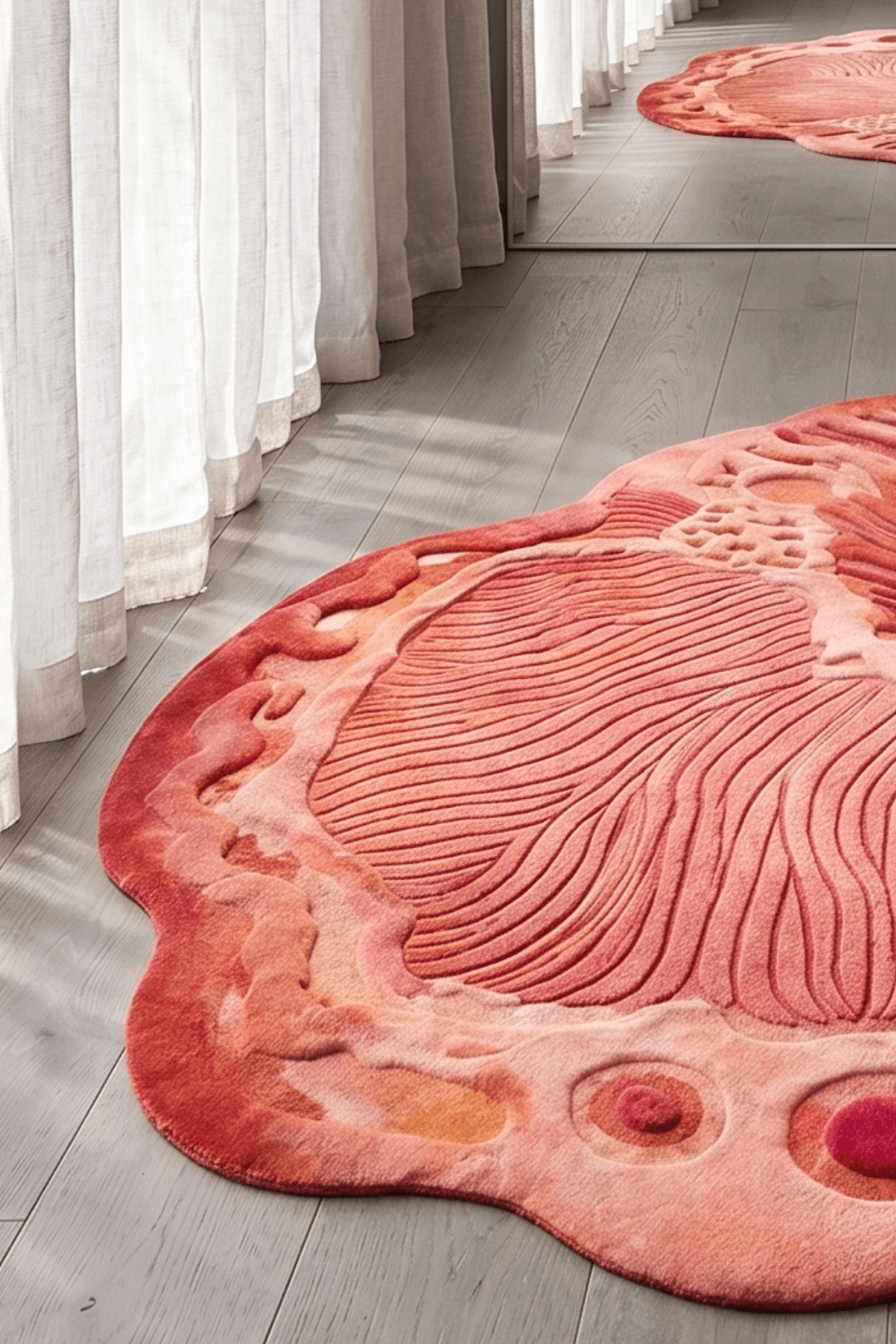 Nature-inspired textured rug showcased in a bright room, featuring intricate designs and a plush feel.