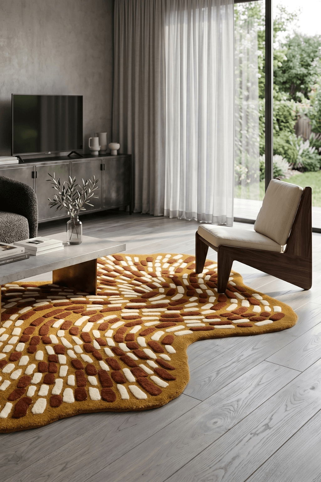 Wesboyeg Pulse kinetic floor decor rug with a staggered pattern on a wooden floor, enhancing home decor.