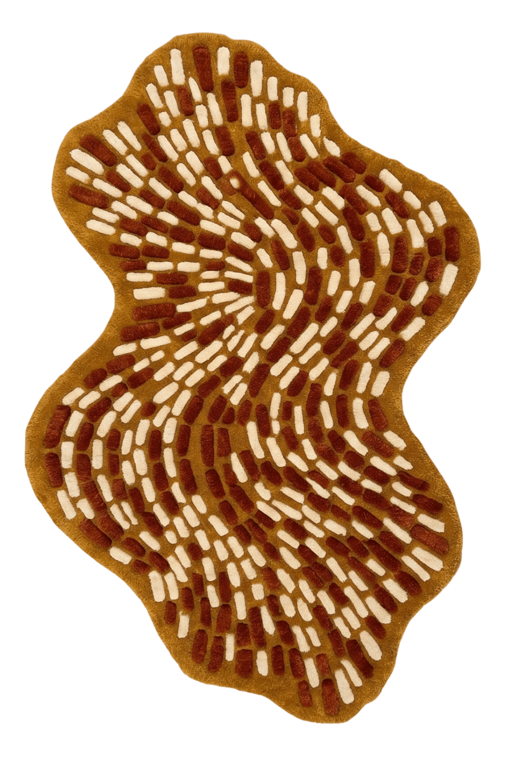 Wesboyeg Pulse kinetic floor decor rug featuring a staggered, dashed-weave pattern in mustard-gold and brown.