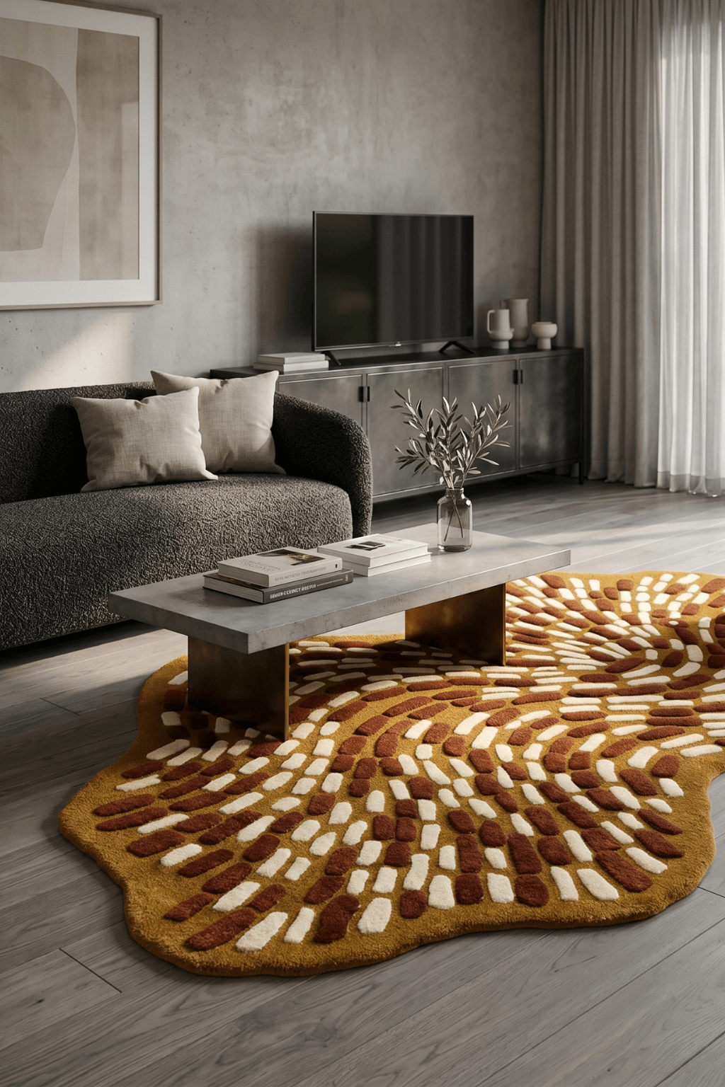 Kinetic floor decor rug in mustard-gold with a dashed-weave pattern, enhancing modern living space vibrancy.